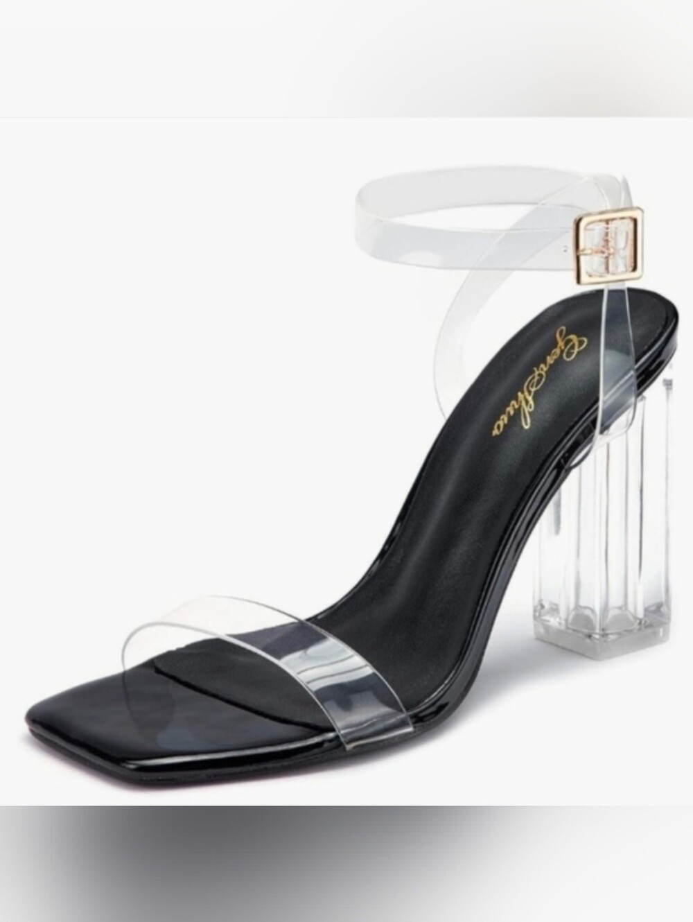 GENSHUO Clear 4" Chunky Block Heels Transparent Square Toe Ankle Strap Sandals